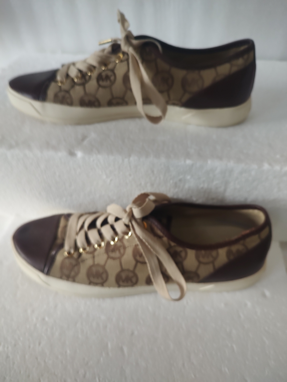 Michael Kors Beige Monogram Canvas Sneakers with Brown Trim Women's Size 10